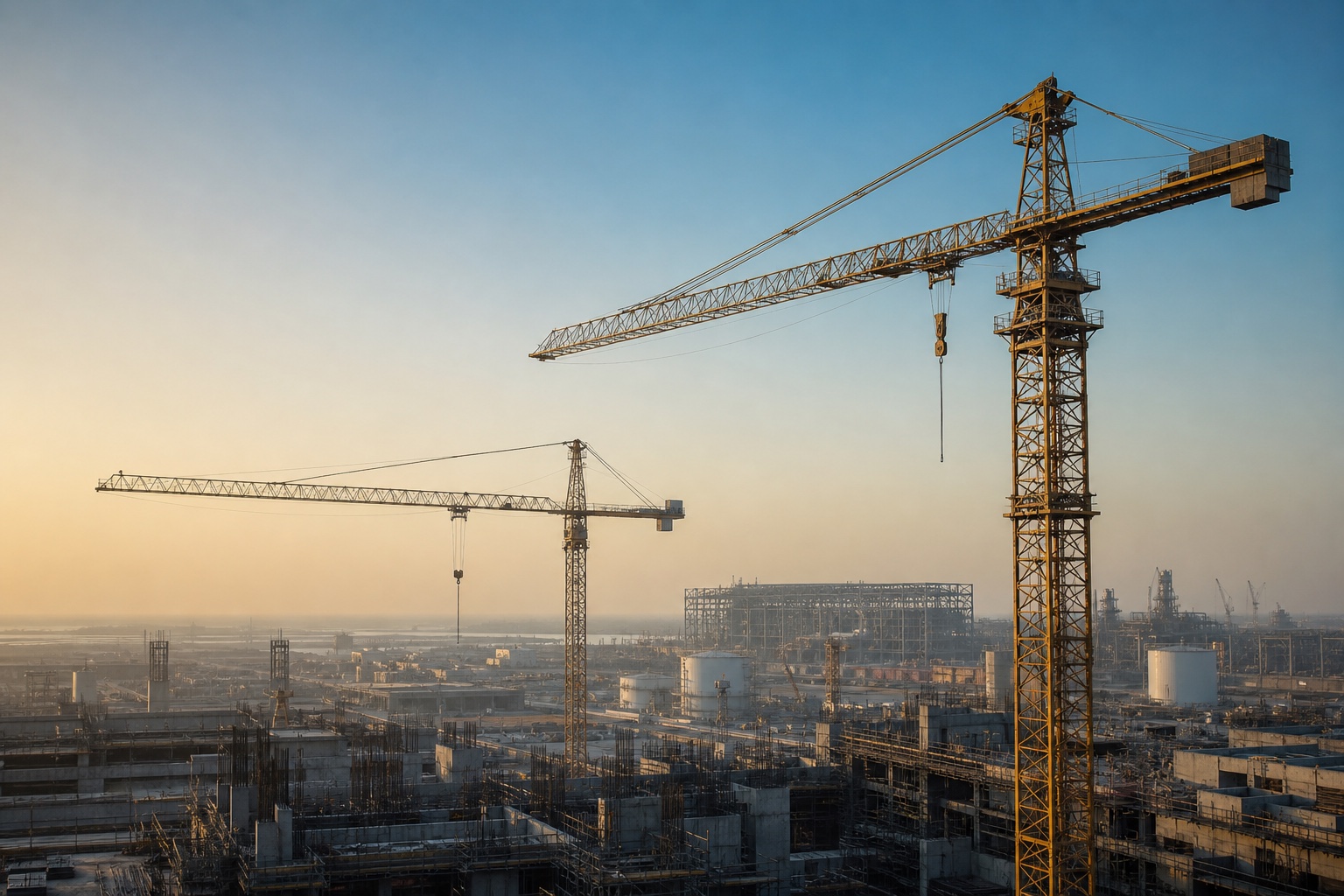 Two high-top tower cranes at a large industrial construction site